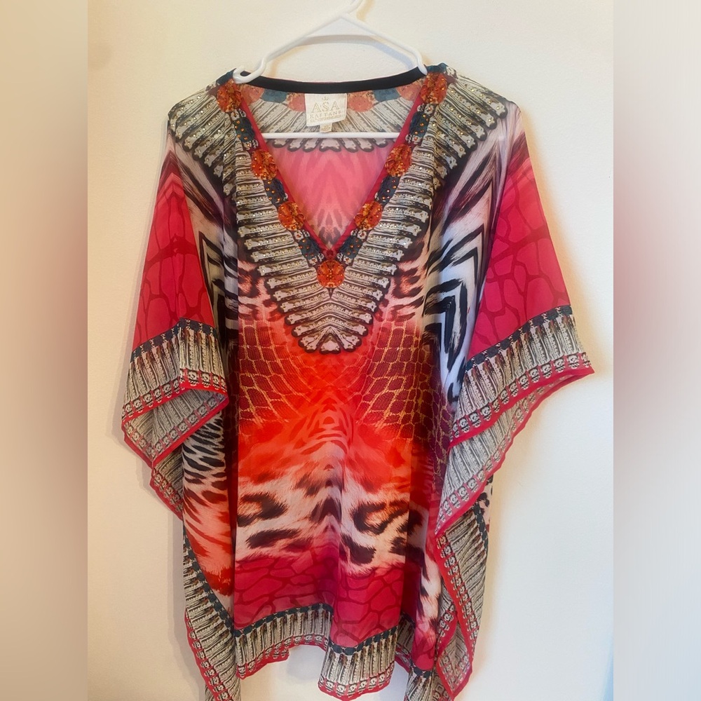 ASA Jewelry Kaftans Sheer Short V-neck Pink Caftan